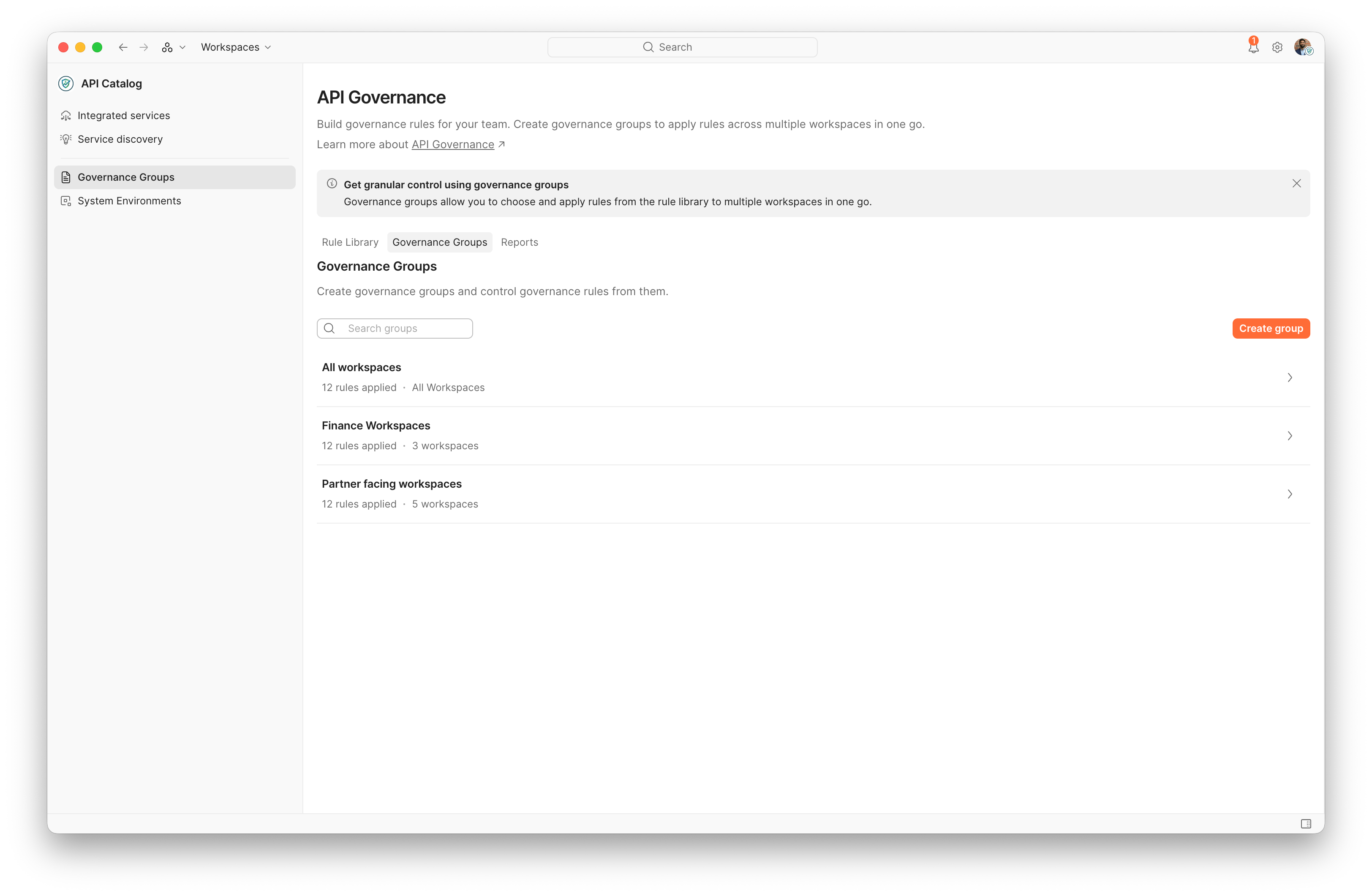 API Governance overview with Rule Library, Governance Groups, and Reports