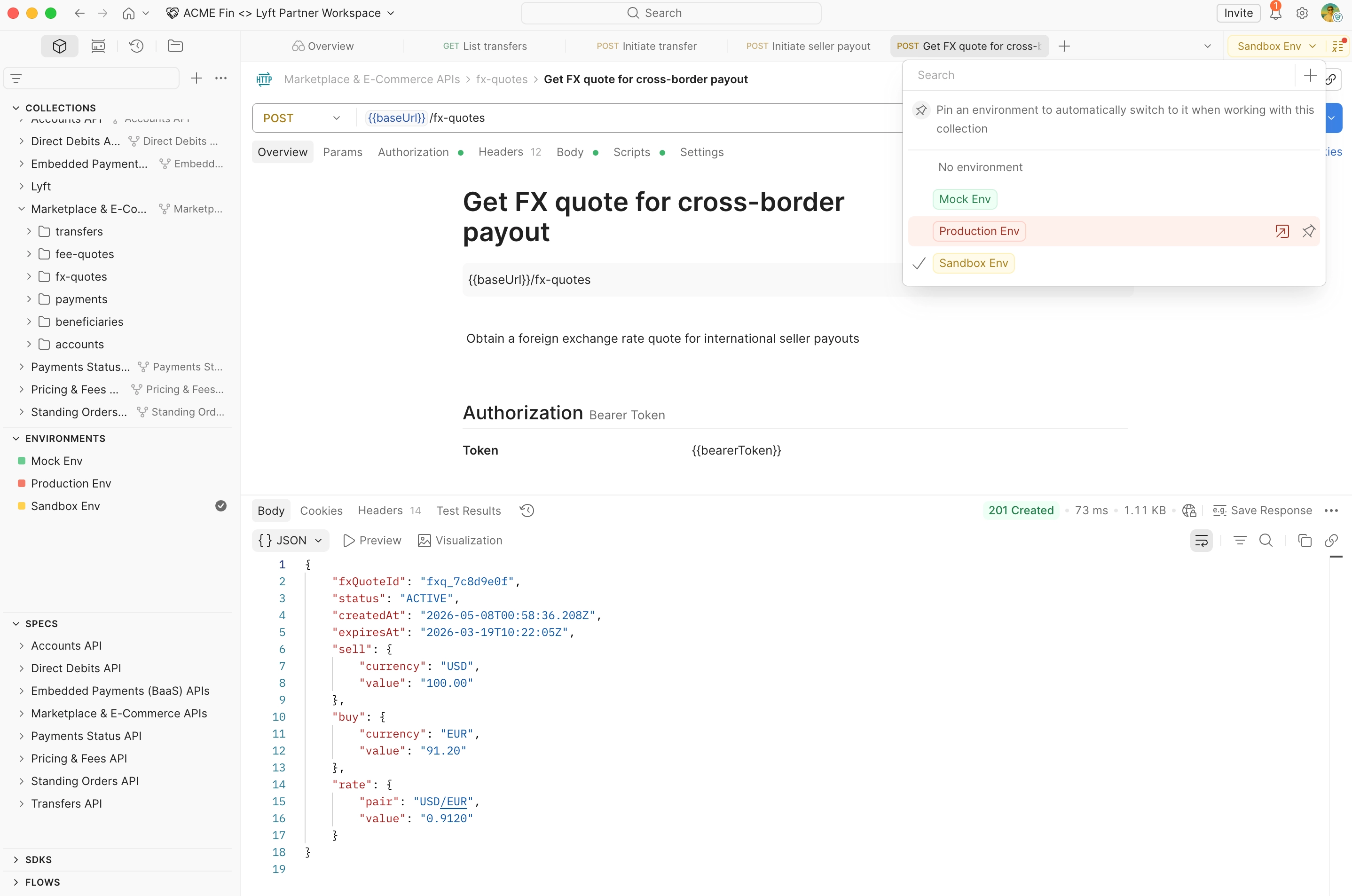 Partner Workspace with scoped collections and tiered Mock, Sandbox, and Production environments
